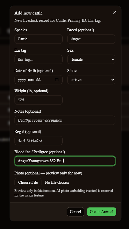 Add new animal form